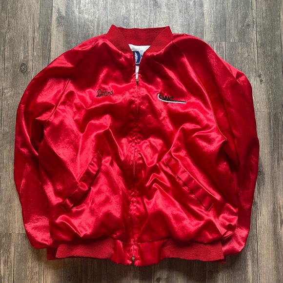 Dunbrooke Satin Jacket Vintage‎ Embroidered CWC Debra Red Bomber Jacket XL - Picture 1 of 4
